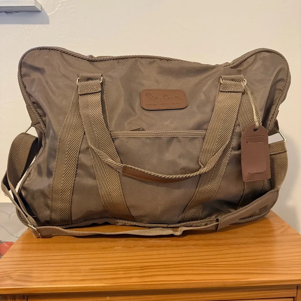 Vintage Pierre Cardin Tan Nylon Duffel Travel Bag with Shoulder Strap